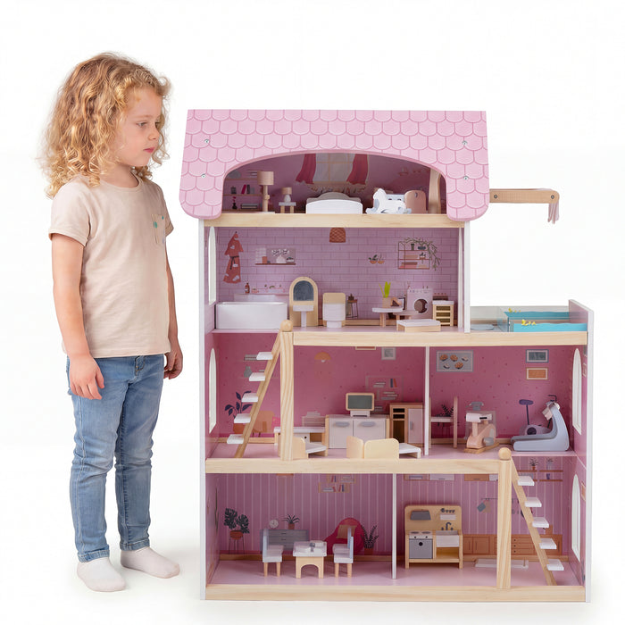 Wooden Dollhouse with 33 PCS Furniture Accessories for Girls and Boys-