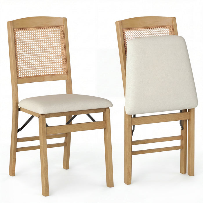 Wooden Folding Chairs Set of 2 Rustic Rubber Wood Dining Chairs with Linen Padded Seat-Brown