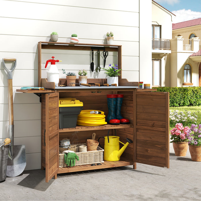 Wooden Garden Workstation with Foldable Side Shelves for Yard Balcony-