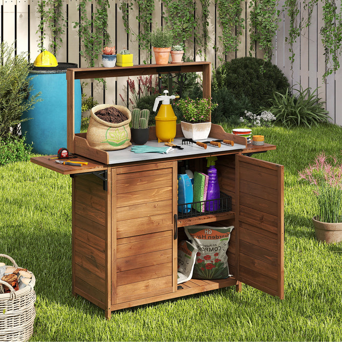 Wooden Garden Workstation with Foldable Side Shelves for Yard Balcony-
