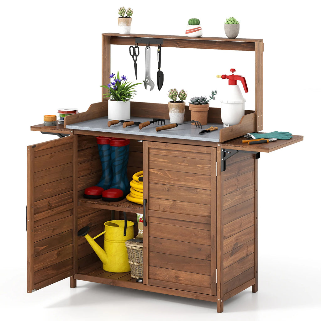 Wooden Garden Workstation with Foldable Side Shelves for Yard Balcony-