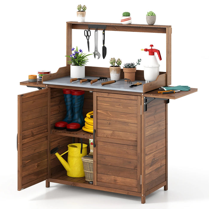 Wooden Garden Workstation with Foldable Side Shelves for Yard Balcony-