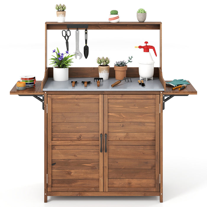 Wooden Garden Workstation with Foldable Side Shelves for Yard Balcony-