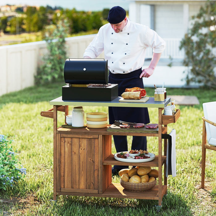 Wooden Grill Cart with Storage Outdoor Kitchen Island with Stainless Steel Top-