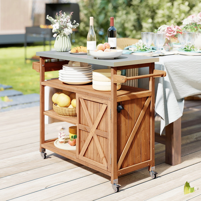 Wooden Grill Cart with Storage Outdoor Kitchen Island with Stainless Steel Top-