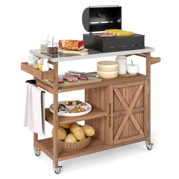 Wooden Grill Cart with Storage Outdoor Kitchen Island with Stainless Steel Top-