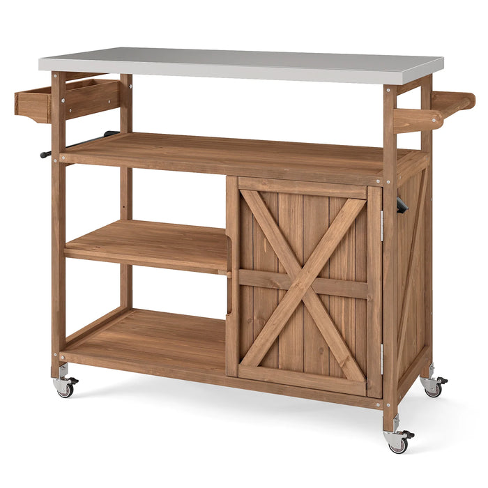 Wooden Grill Cart with Storage Outdoor Kitchen Island with Stainless Steel Top-