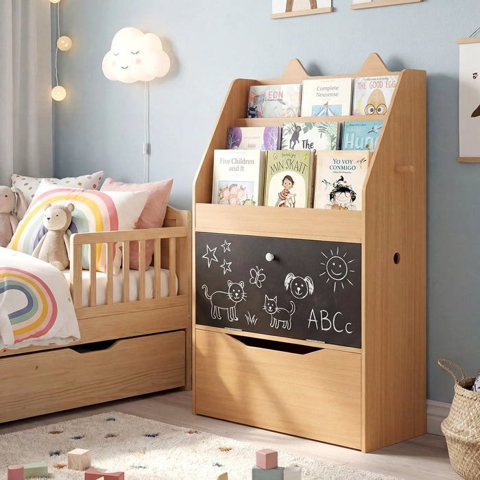 Wooden Kids Bookshelf with Movable Drawer & Chalkboard for Playroom Nursery-