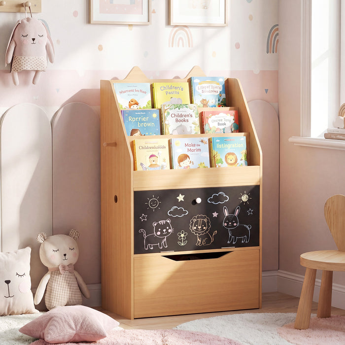 Wooden Kids Bookshelf with Movable Drawer & Chalkboard for Playroom Nursery-