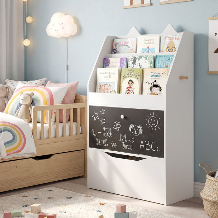 Wooden Kids Bookshelf with Movable Drawer & Chalkboard for Playroom Nursery-