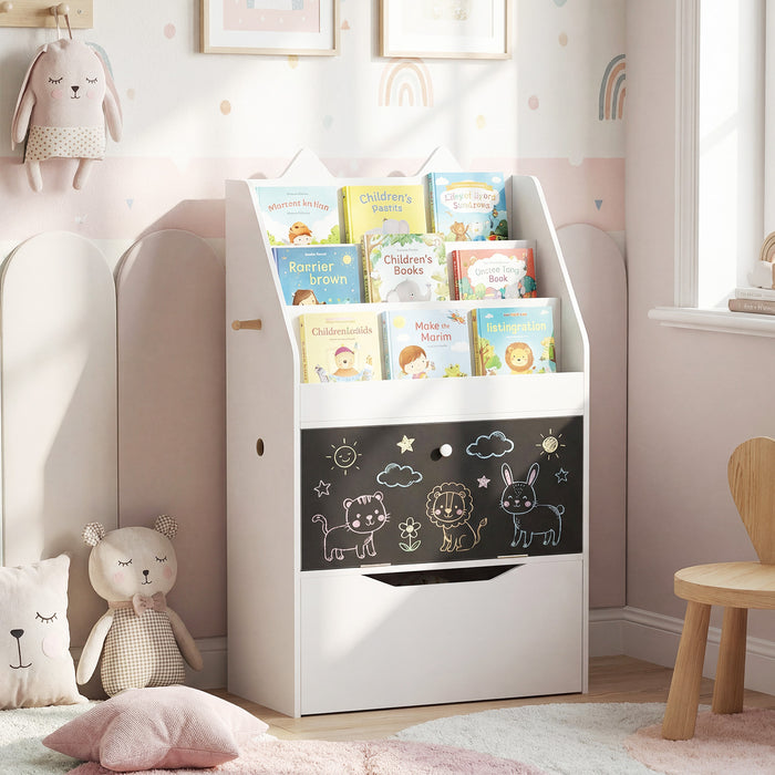 Wooden Kids Bookshelf with Movable Drawer & Chalkboard for Playroom Nursery-