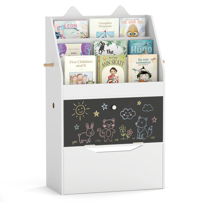 Wooden Kids Bookshelf with Movable Drawer & Chalkboard for Playroom Nursery-