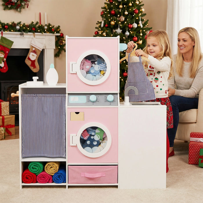Wooden Kids Laundry Playset Pretend Toy Washing Machine with Laundry Detergent Bottle-