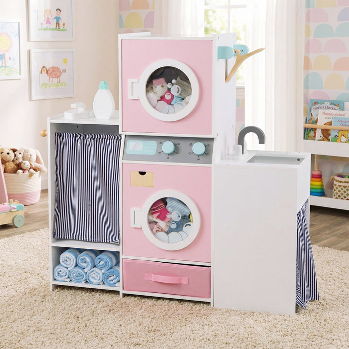 Wooden Kids Laundry Playset Pretend Toy Washing Machine with Laundry Detergent Bottle-