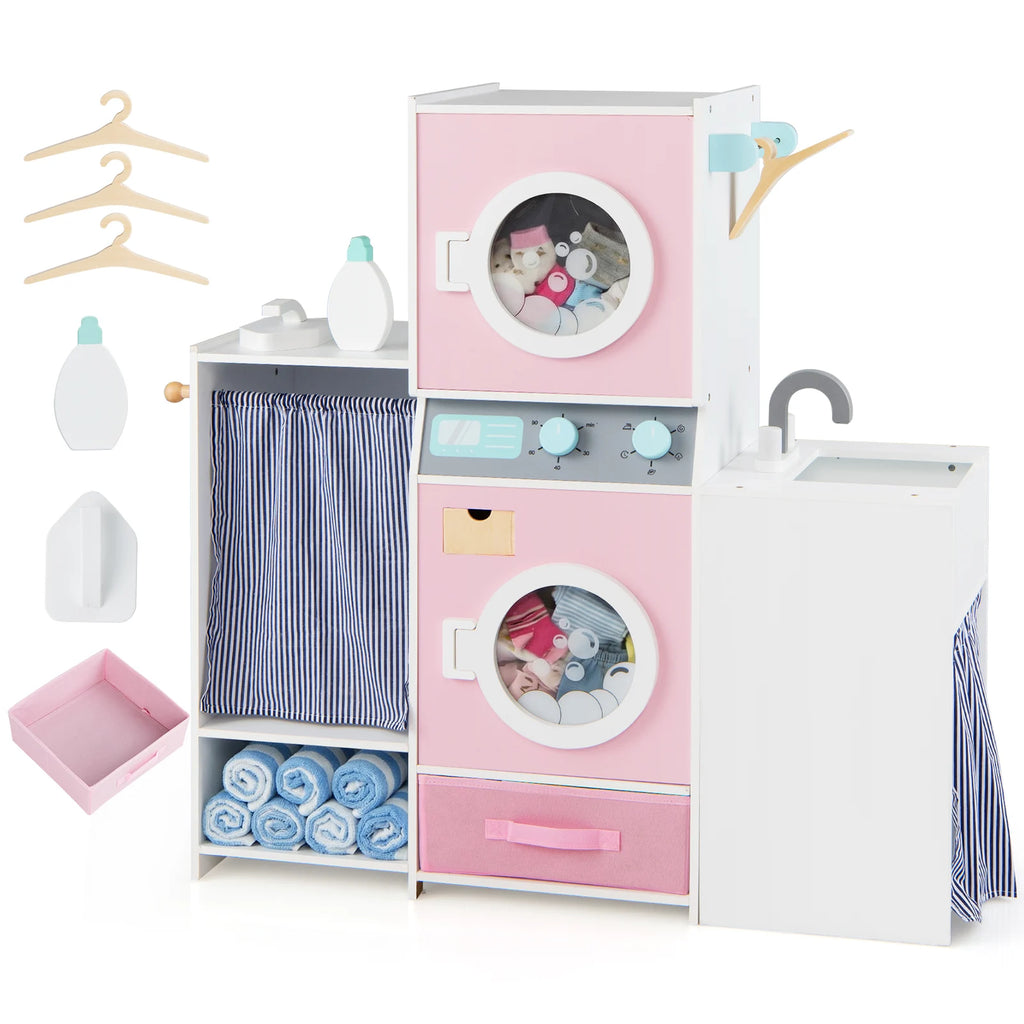 Wooden Kids Laundry Playset Pretend Toy Washing Machine with Laundry Detergent Bottle-