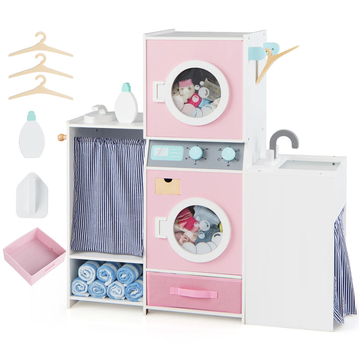 Wooden Kids Laundry Playset Pretend Toy Washing Machine with Laundry Detergent Bottle-