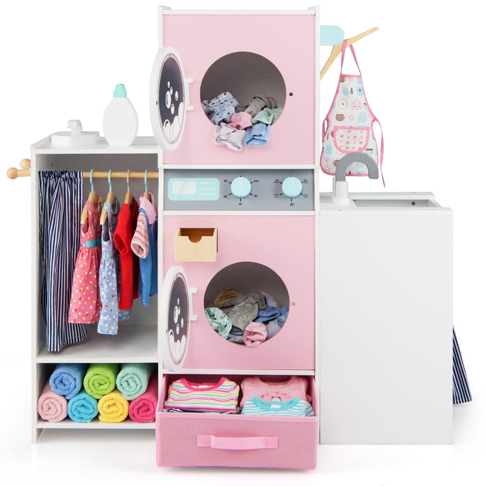 Wooden Kids Laundry Playset Pretend Toy Washing Machine with Laundry Detergent Bottle-