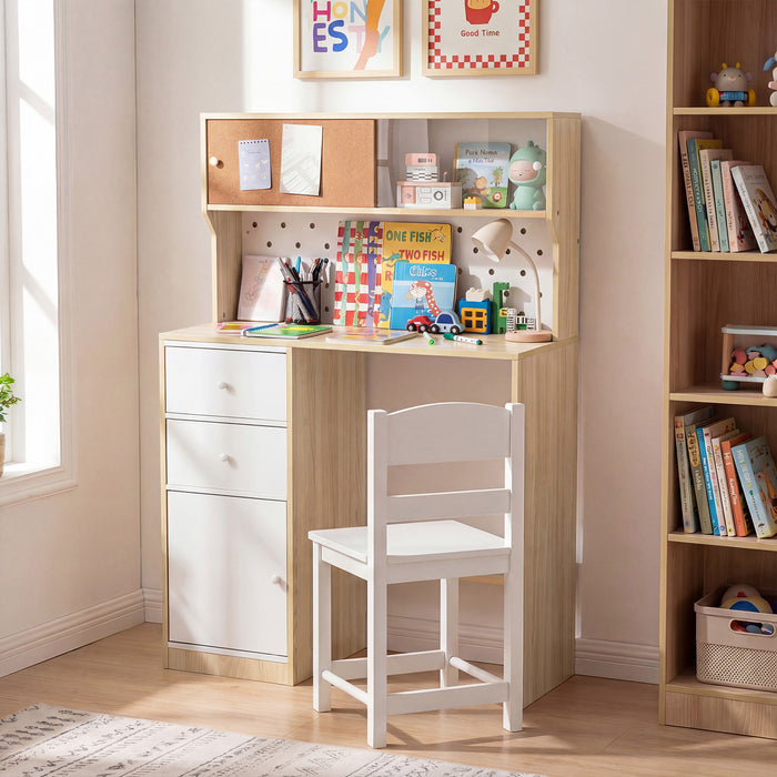 Wooden Kids Study Desk and Chair Set with 2 Cabinets and Drawers-