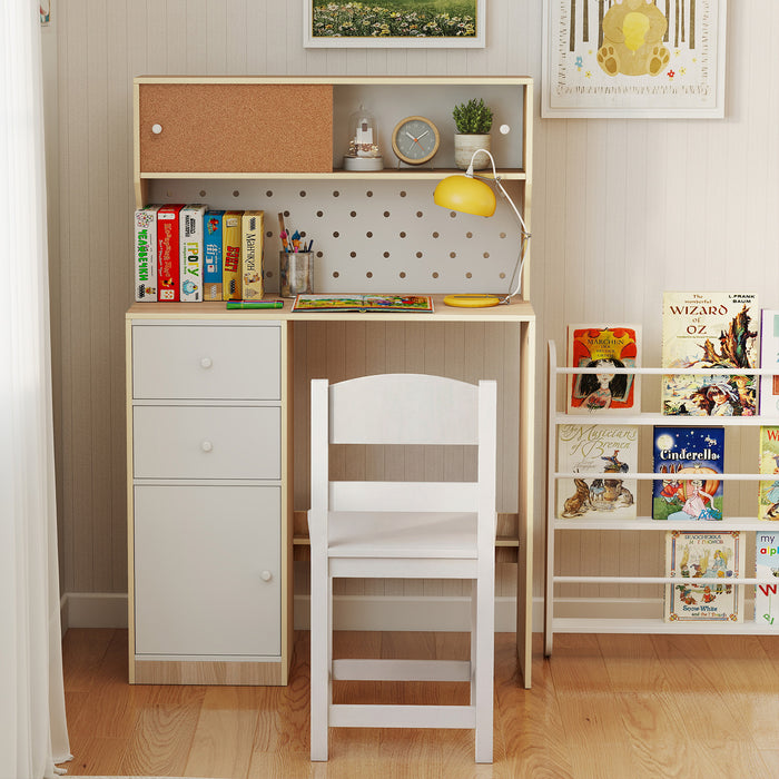 Wooden Kids Study Desk and Chair Set with 2 Cabinets and Drawers-