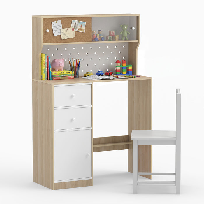 Wooden Kids Study Desk and Chair Set with 2 Cabinets and Drawers-
