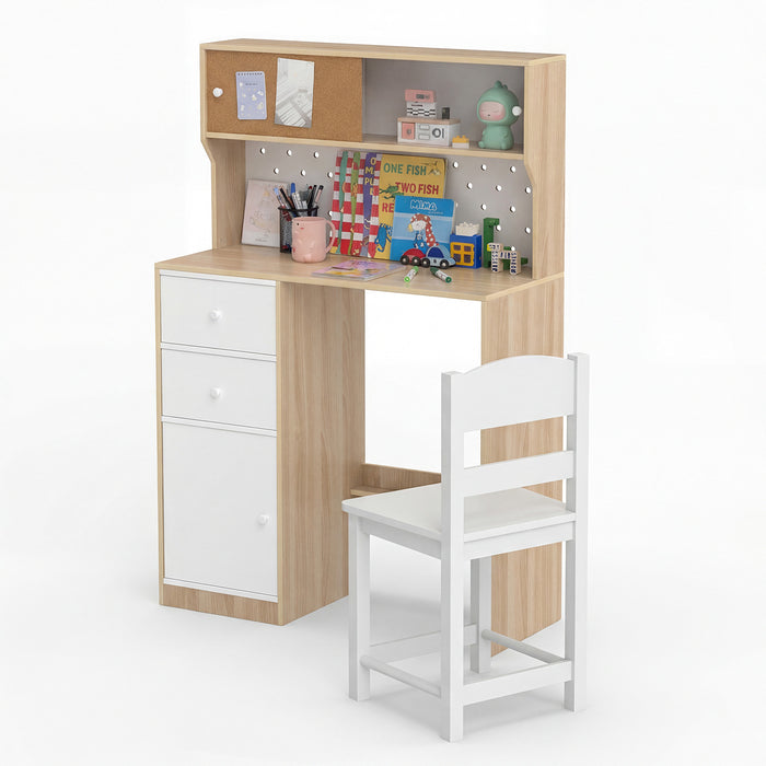 Wooden Kids Study Desk and Chair Set with 2 Cabinets and Drawers-