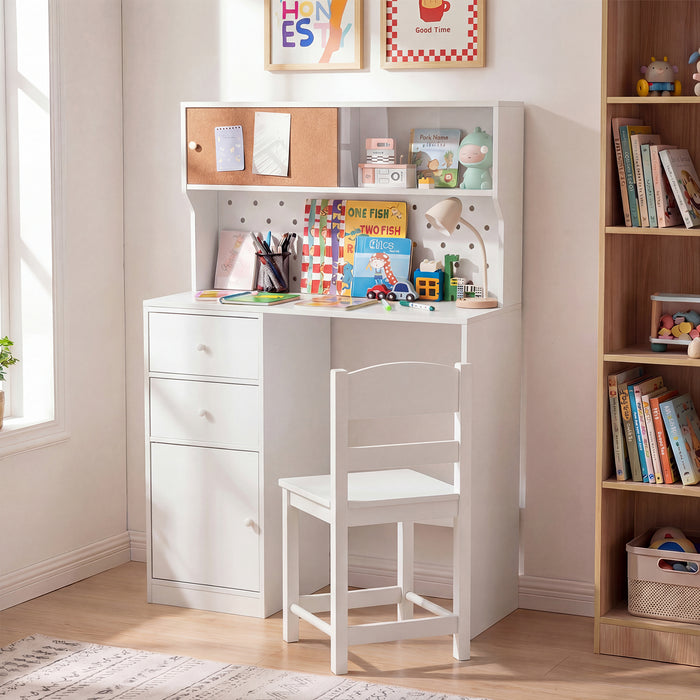 Wooden Kids Study Desk and Chair Set with 2 Cabinets and Drawers-