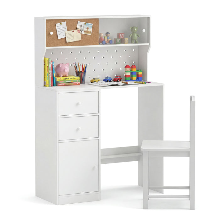 Wooden Kids Study Desk and Chair Set with 2 Cabinets and Drawers-
