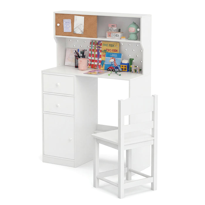 Wooden Kids Study Desk and Chair Set with 2 Cabinets and Drawers-