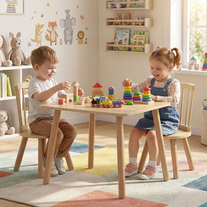Wooden Kids Table and 2 Chairs Set with Curved Spindle Backrests-White