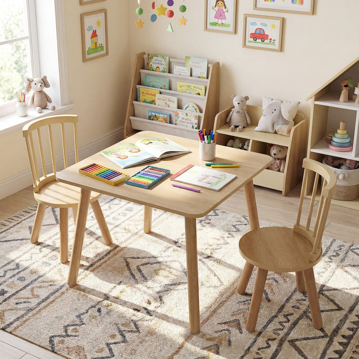 Wooden Kids Table and 2 Chairs Set with Curved Spindle Backrests-White