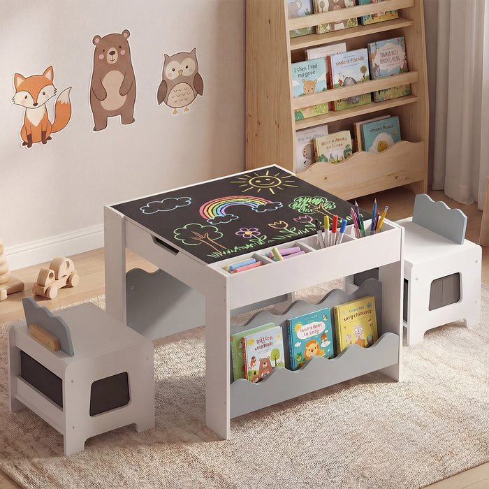 Wooden Kids Table and Chairs Set with Double-sided Tabletop and Small Compartments-Blue