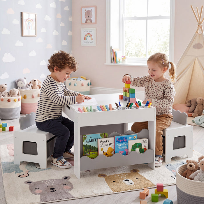 Wooden Kids Table and Chairs Set with Double-sided Tabletop and Small Compartments-Blue