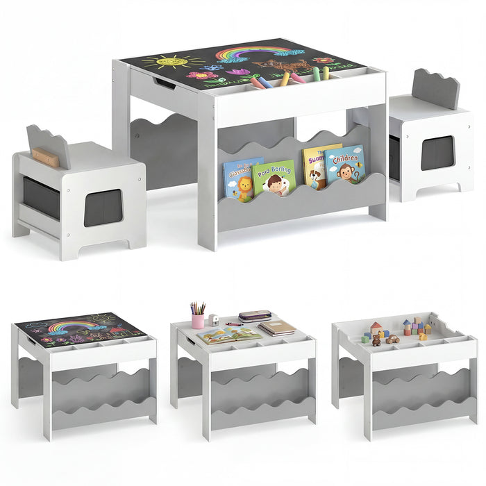 Wooden Kids Table and Chairs Set with Double-sided Tabletop and Small Compartments-Blue