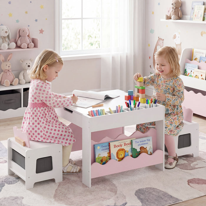 Wooden Kids Table and Chairs Set with Double-sided Tabletop and Small Compartments-Blue
