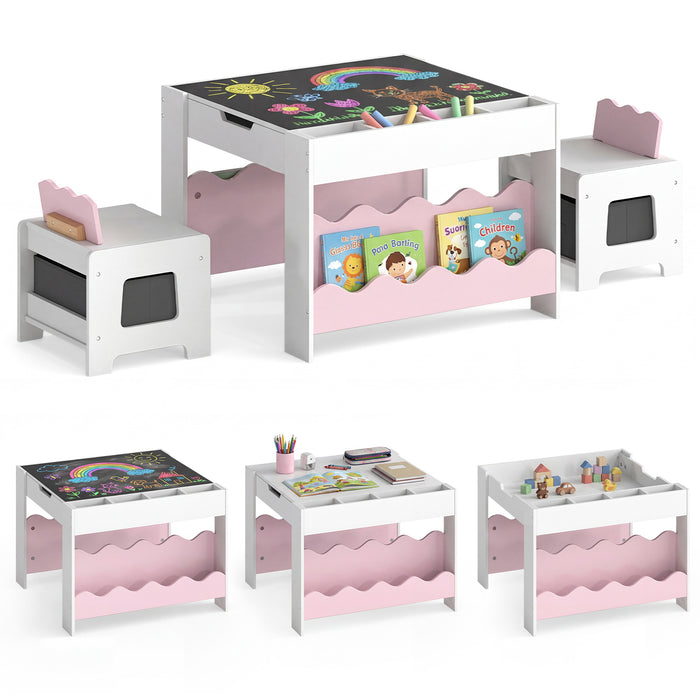 Wooden Kids Table and Chairs Set with Double-sided Tabletop and Small Compartments-Blue