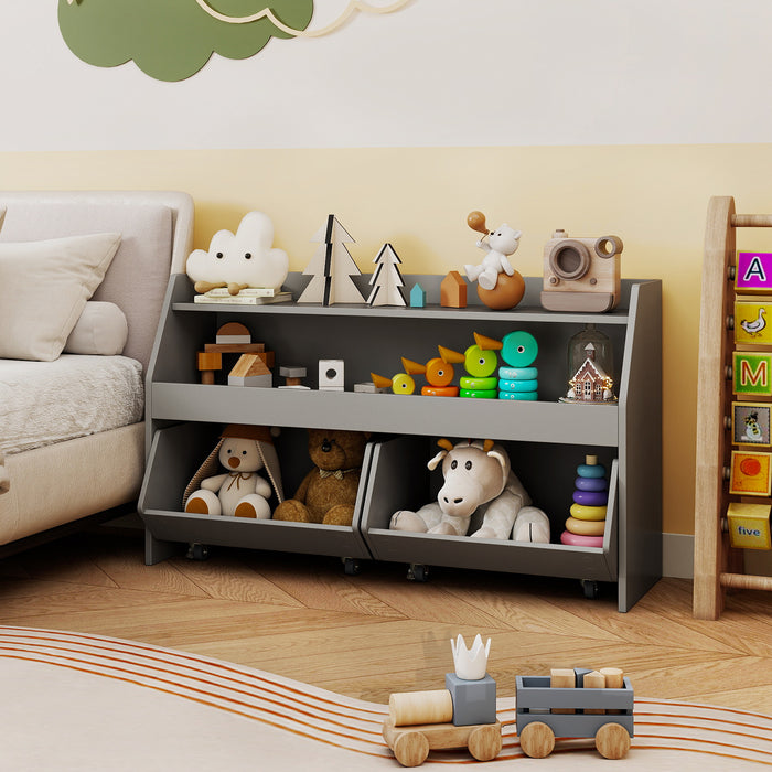 Wooden Kids Toy Storage Box with 2 Movable Drawers and Anti-toppling Kit-