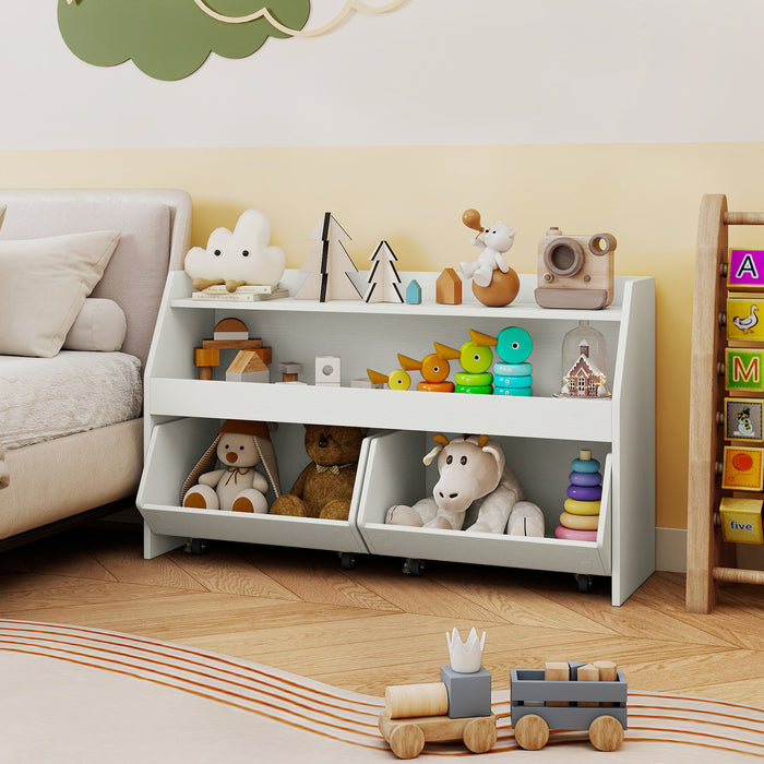 Wooden Kids Toy Storage Box with 2 Movable Drawers and Anti-toppling Kit-