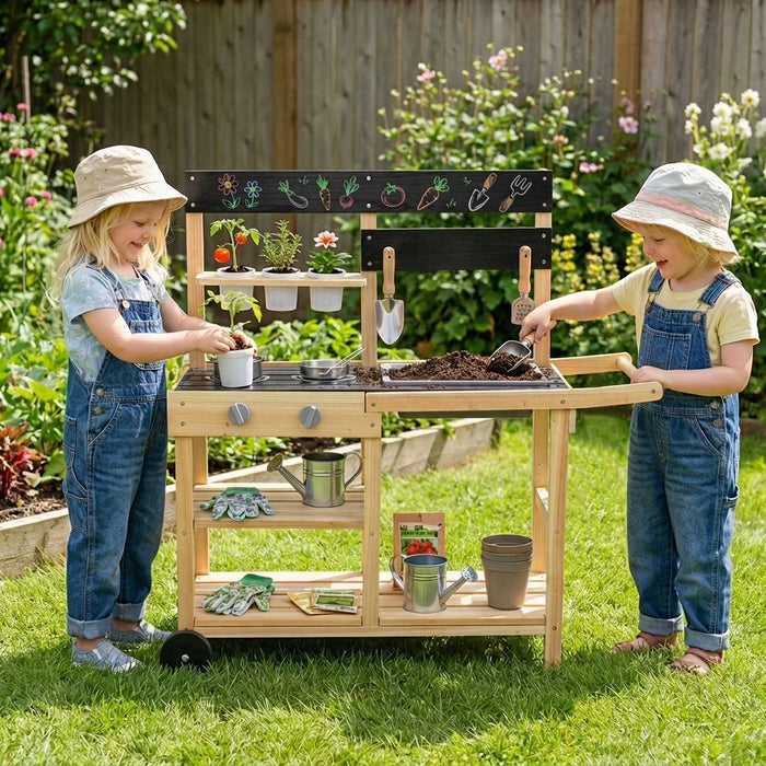 Wooden Mud Kitchen with Sink Chalkboard and Wheels and Storage for Ages 3+-