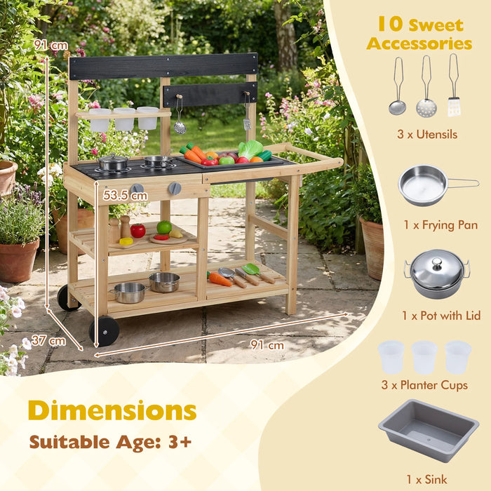 Wooden Mud Kitchen with Sink Chalkboard and Wheels and Storage for Ages 3+-