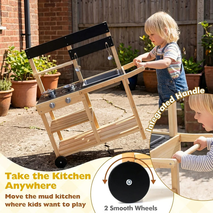 Wooden Mud Kitchen with Sink Chalkboard and Wheels and Storage for Ages 3+-
