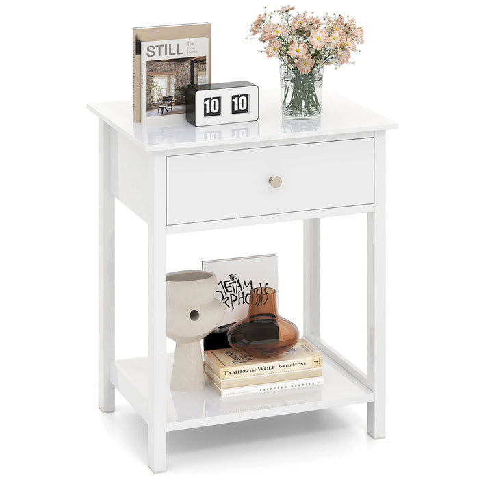 Wooden Nightstand with Drawer and Storage Shelf-
