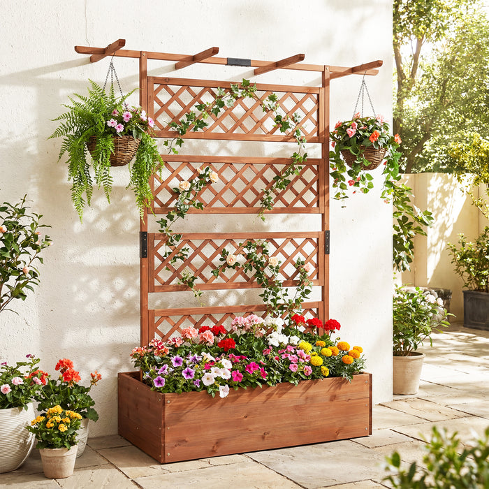 Wooden Planter Box Raised Garden Bed with Lattice Trellis-