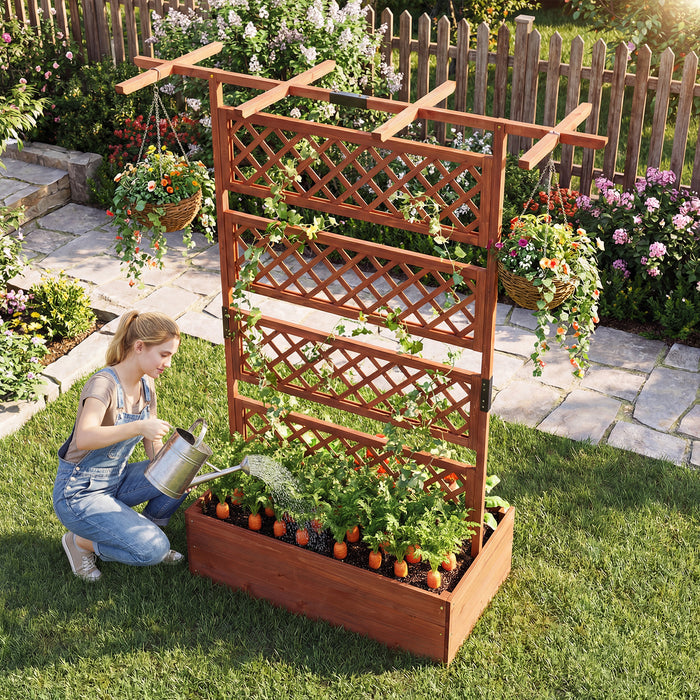 Wooden Planter Box Raised Garden Bed with Lattice Trellis-