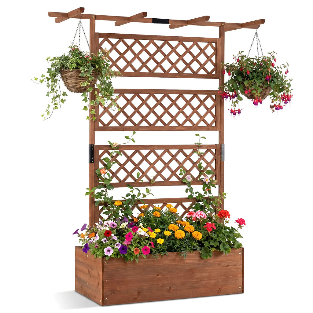 Wooden Planter Box Raised Garden Bed with Lattice Trellis-
