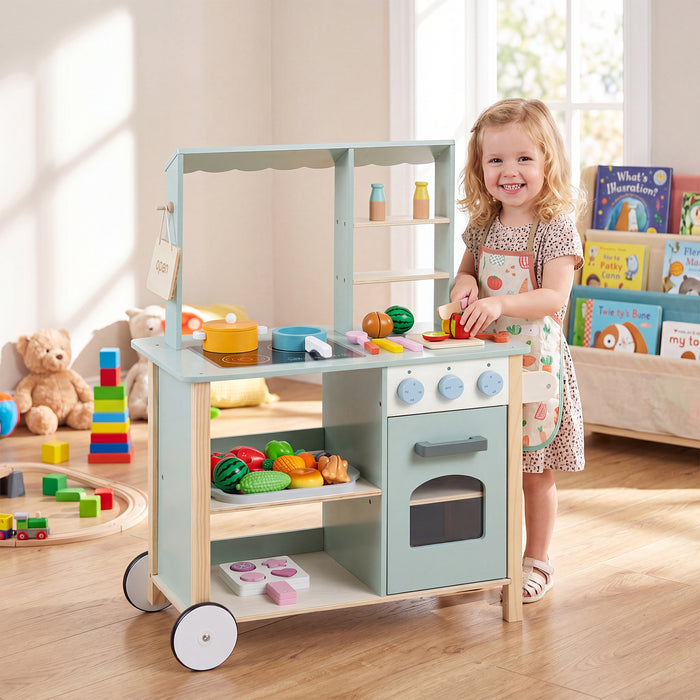 Wooden Play Kitchen with Cookware Accessories for Children 3+