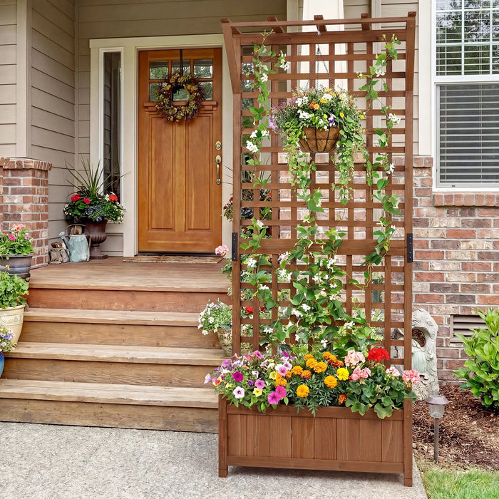 Wooden Raised Garden Bed with Hanging Roof and Trellis for Climbing Plants-