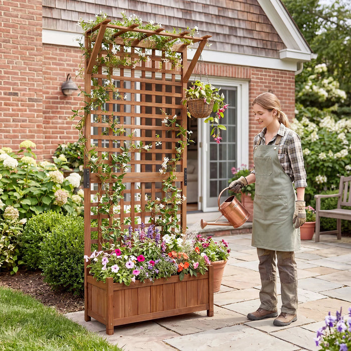 Wooden Raised Garden Bed with Hanging Roof and Trellis for Climbing Plants-
