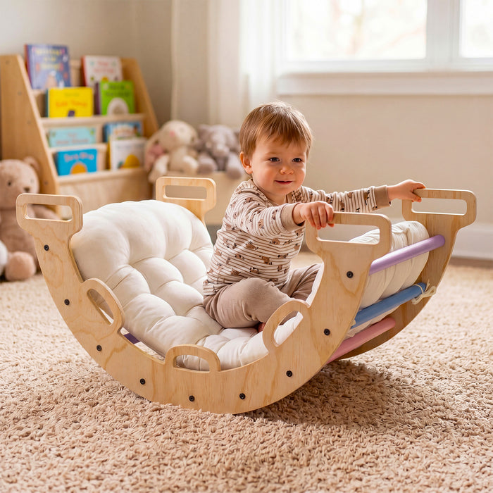 Wooden Rocking Climbing Arch with Cushion 3-in-1 Montessori Kids Climber Rocker-