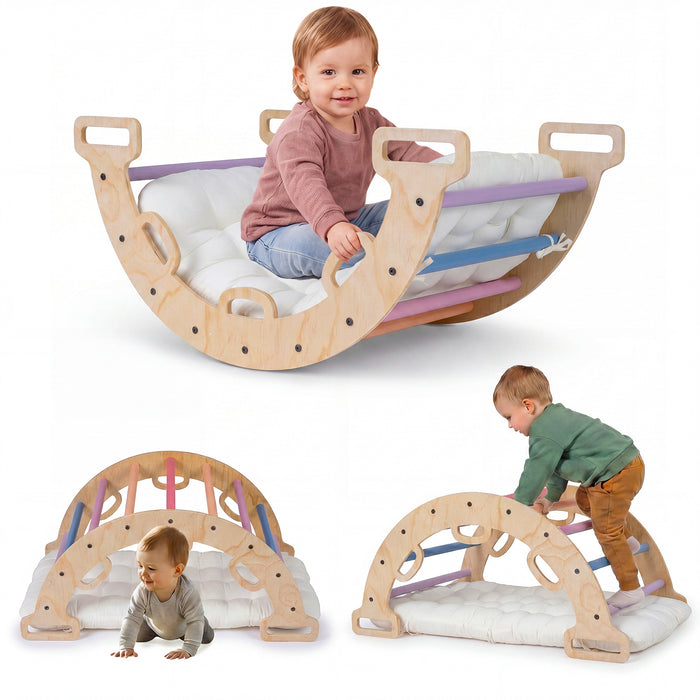 Wooden Rocking Climbing Arch with Cushion 3-in-1 Montessori Kids Climber Rocker-