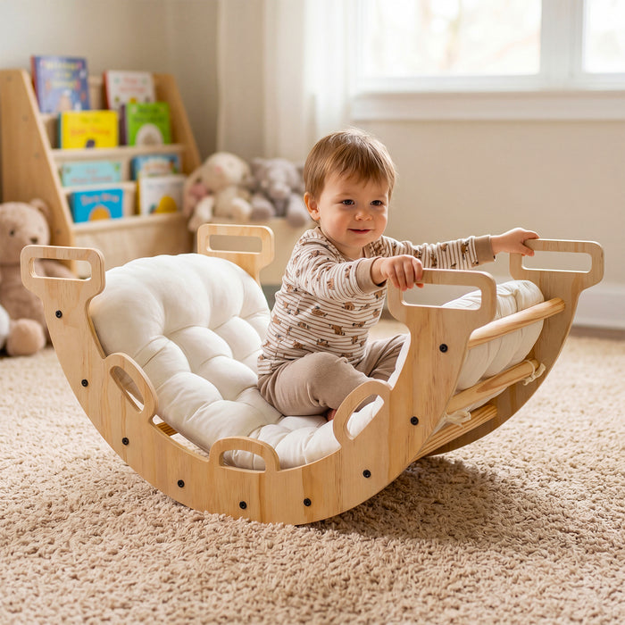 Wooden Rocking Climbing Arch with Cushion 3-in-1 Montessori Kids Climber Rocker-